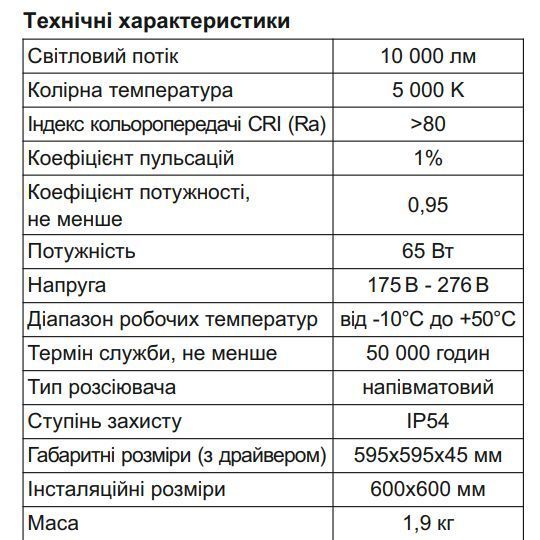 Led panel 5000К 65w 10000lm 600х600mm IP54 посилена F66-9950-L1R F66-9950-L1R фото