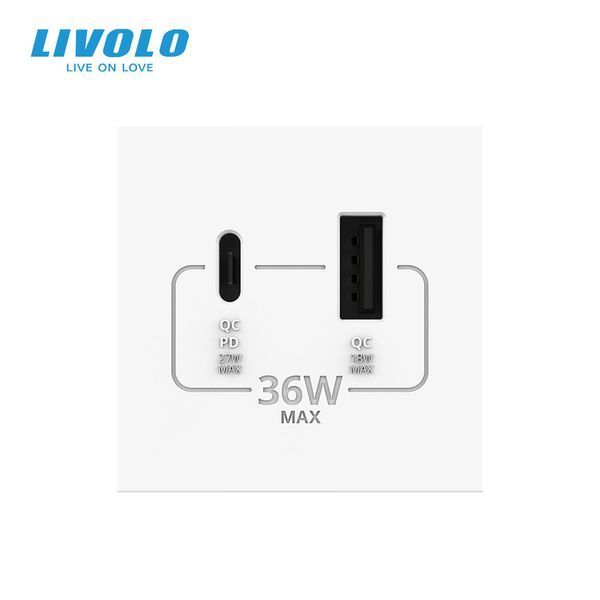 Механизм розетка USB-A и USB-C с Power Delivery 36W Livolo белый (VL-FCUA18W.UC18W-2WP) VL-FCUA18W.UC18W-2IP фото
